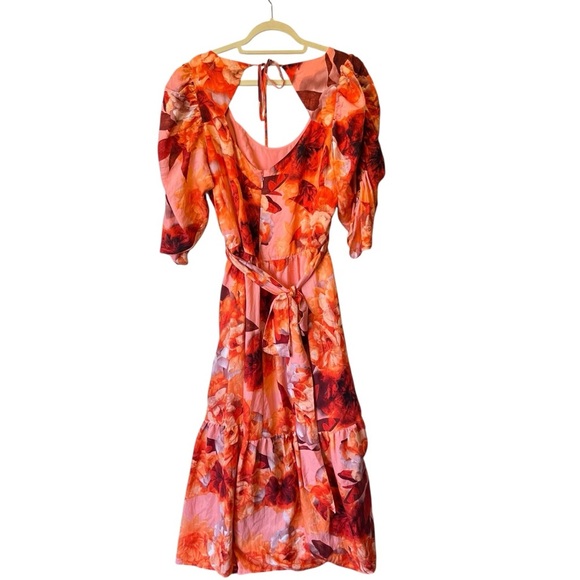 City Chic Poppie Print Maxi dress Size 20 NWT Orange Pink Puff sleeve Tied waist - Picture 2 of 9